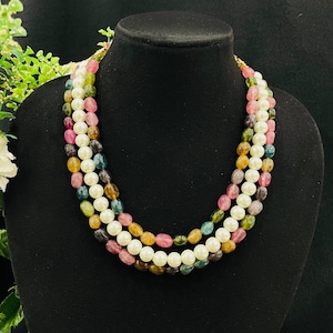 3 Layer Multicolor Gemstone and Pearl Beaded Necklace Elegant 3 Strand Statement Necklace Colorful Semi Precious Beads Jewelry Gift for Her