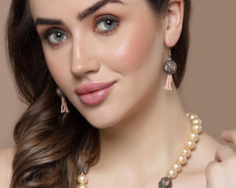 Carved Pearl Embellished Necklace/ American Diamond & Pearls/ Gold plated necklace with American diamond, pearls, natural stone