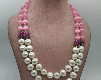 Handmade Pink & White Pearl Necklace Earring Set | Layered Statement Jewelry