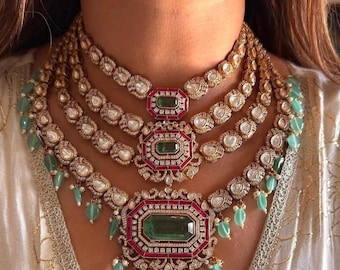 Bridal Kundan Polki Choker Necklace Set | Emerald Indian Wedding Jewelry