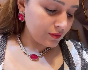 Handcrafted Kundan Polki Choker Necklace, CZ Diamond Indian Jewelry
