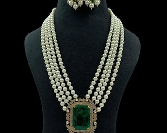 Emerald Green Kundan Bridal Necklace | Multi-Strand Pearl Indian Jewelry