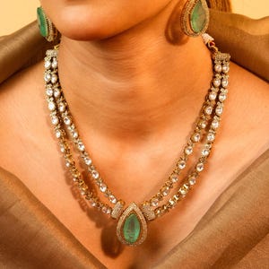 Fine Gold Finish Emerald Green Doublet Stones Uncut Moissanite Polki Kundan Wedding Jewelry Necklace Set with Earrings Sabyasachi Jewelry