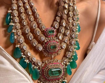 Royal Emerald Kundan bruidsketting Indiase bruids groene Kundan ketting set – Gelaagde vergulde bruiloftssieraden met oorbellen Rani Haar