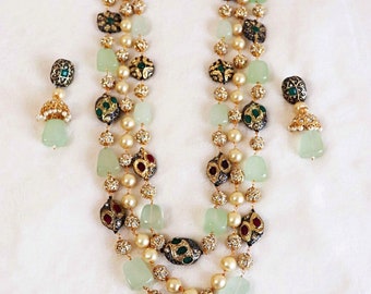 Handmade Tanjore Long Necklace & Earrings Set, Indian Jewelry