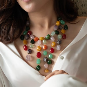 Boho Dangler Necklace Natural Stones Embellished Bold Multicolor Gemstone Statement Necklace for Women - Unique Colorful Beaded Necklace