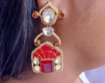 Red Kundan Dangle Earrings, Gold Plated Indian Bridal Jewelry