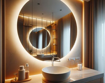 May include: A modern bathroom vanity with a large round mirror with a warm white LED light around the perimeter. The vanity has a white ceramic sink and a chrome faucet. There are two small bottles of liquid soap on the counter.