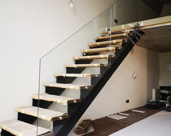 Modern Metal Stairway Will Ash Tree Treads and Tempered Glass Handrails