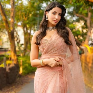 Sari indien en organza rose à sequins pur zardozi fait main, sari pour femme américaine, sari pour travail manuel uniquement, sari nora fatehi