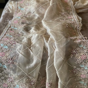 Pure zardozi work Golden tissue  organza peacock work saree, Indian crafted women saree, handwork saree with Red unstich blouse