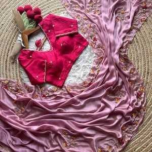 Sari indien en organza rose à sequins pur zardozi fait main, sari pour femme américaine, sari pour travail manuel uniquement, sari nora fatehi
