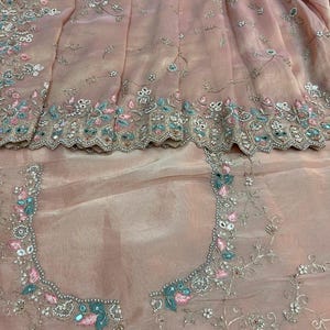 Pakistani indian zardozi Pink tissue  organza Handcrafted  premium saree, Indian crafted women saree, handwork saree with Red unstich blouse