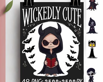 Paquete de imágenes prediseñadas de Halloween adorables: 48 personajes PNG de fantasía oscura: brujas góticas, vampiros y parcas