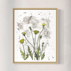 Original hand painted watercolor downloadable print yellow dandelion flower painting