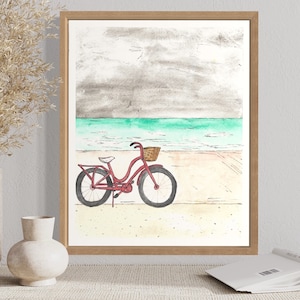 Original hand painted watercolor downloadable print vintage pink bike beach painting