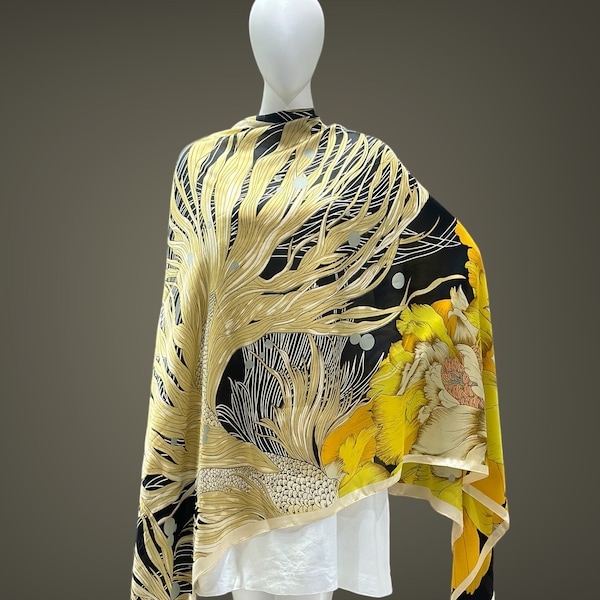 Soft Touch Lightweight Silk Satin Scarf, Yellow and Black Silk Scarf, Gorgeous, Luxury Wear, Beautiful Long Silk Scarf, Anniversary Gift