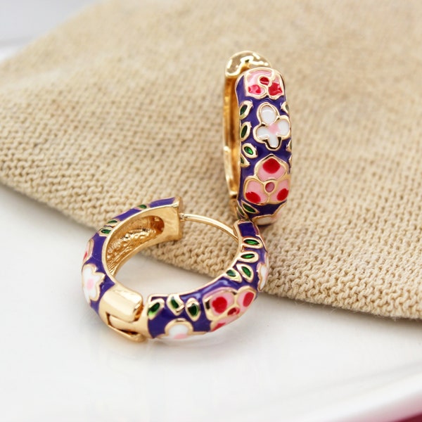 Beautiful Purple and Pink Floral Hoop Earrings In Gold - Summer - Cloisonné Hoop Earring - Enamel Hoops - Chunky Earrings