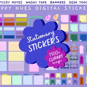 Bunte Schreibmaschine | 1100+ Digitale Planer Aufkleber | Haftnotizen | Waschi | Notizen machen | Clipart | Vorgeschnitten | Happy Hues Aufkleber