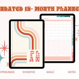 Undated Digital Retro Planner | 12-Month Minimalist Hyperlinked Organizer | Aesthetic &#39;70s-Inspired Core Plans Templates for Goals & Notes