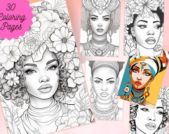 Coloring Book for Adults and Kids: 30 Portraits of Beautiful Black Women, Coloring Pages, Grayscale Coloring, Printable, A4 + US Letter, PDF