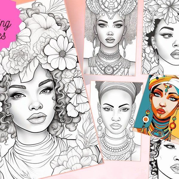 Coloring Book for Adults and Kids: 30 Portraits of Beautiful Black Women, Coloring Pages, Grayscale Coloring, Printable, A4 + US Letter, PDF