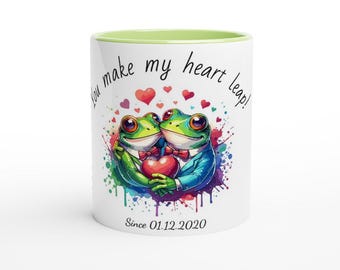 Taza personalizada con una linda pareja de ranas: ¡haces que mi corazón salte! - Regalo único de aniversario y San Valentín para tortolitos