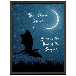 Personalisierte Jahr des Drachen Metall gerahmte Plakat, Drachen sternenklare Nachthimmel Wandkunst, Wohnkultur Wohnzimmer, Schlafzimmer Kunst für Drachenliebhaber
