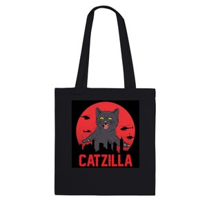 Catzilla Tote Bag, lustiger Druck auf Vorder- und Rückseite, Geschenk für Katzenliebhaber, Stoff-Umhängetasche mit langen Henkeln, lustige & trendige Lehrertasche