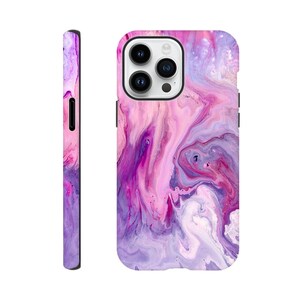 May include: A phone case with a swirling marble design in shades of pink, purple, and white. The case has a glossy finish and a black camera cutout. The side of the case is also visible, showing the same marble pattern.
