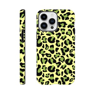 May include: A phone case featuring a yellow base with a repeating leopard print in black and green. The image shows the case from the front and side, displaying the design and camera aperture.