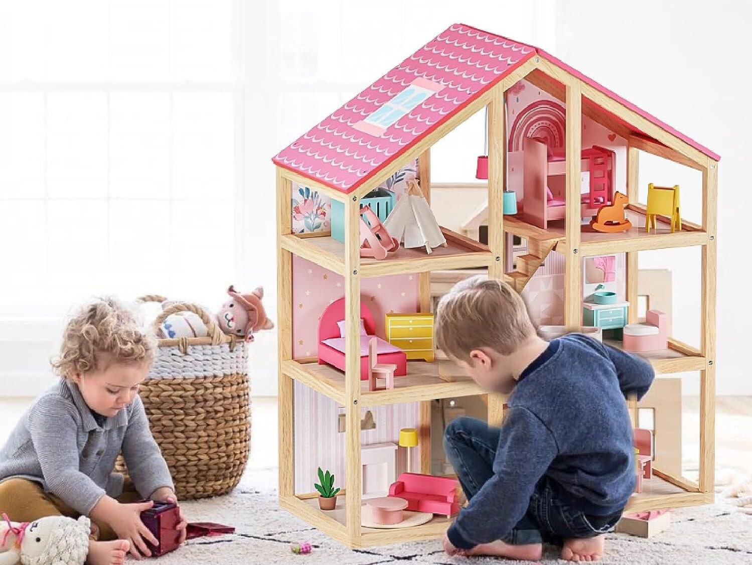 Doll House Dreamhouse for Girls & Boys, 5-Story 19 Rooms Playhouse with 1  Doll Toy Figures, Fully Furnished Fashion Dollhouse, Play House with