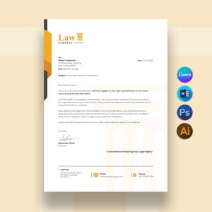 May include: A white letterhead template for a law firm featuring a gold pillar logo and the text Law Company. The document includes placeholders for client details, a formal letter body, a signature, and contact information at the bottom.
