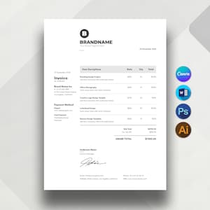 Può includere: Un modello di fattura professionale con un layout bianco pulito e testo nero. Include sezioni per Brandname, descrizioni degli articoli, tariffe, quantità, totali, metodi di pagamento e una riga per la firma di Anderson Meier. Le icone per Canva, Word, Photoshop e Illustrator sono visualizzate sul lato destro.