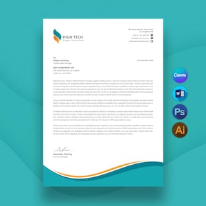 May include: A white letterhead template featuring a blue and orange flame-like logo for High Tech, with placeholder contact details, address, date, recipient information, body text, and a signature line, accented by a curved teal and orange footer.