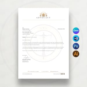 May include: A white letterhead document titled Advocacy with a gold scales of justice logo. The text includes a formal letter to Robert Anthony regarding an employment contract review, dated 20 December 2025, signed by Alexander Fleming, Attorney at Law.