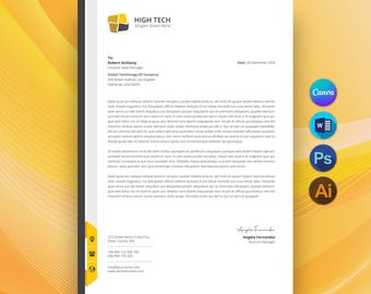 Könnte beinhalten: Ein professionelles Briefkopfdesign mit dem Logo "HIGH TECH" und Kontaktinformationen. Das Dokument enthält die Empfängerinformationen, ein Datum und Text. Das Design verwendet ein gelbes und schwarzes Farbschema. Das Dokument ist für Global Techlonogy Of Company.