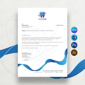Puede incluir: Una plantilla de membrete blanca para Dentcare con un logotipo de diente en degradado azul en la parte superior, texto de marcador de posición para los detalles del paciente, una línea de firma y un elemento gráfico azul ondulado en la parte inferior.