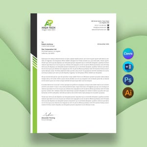 May include: A white letterhead template featuring a black and lime green vertical sidebar with diagonal stripes. The document includes a logo with the text HIGH TECH, placeholder contact details, address, body text, and a signature for Alexander Fleming.