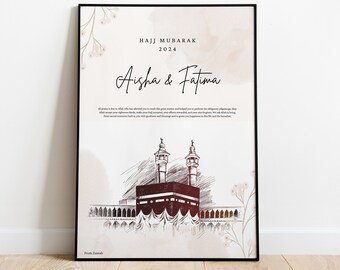 May include: A white and beige watercolor background with a black and white sketch of the Kaaba in Mecca. The text "Hajj Mubarak 2024" and "Aisha & Fatima" is written in black script. The image is framed in a black frame.