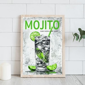Mojito Wall Art, Cocktail Art, Kitchen Decor, Bar Decor, Mojito Art Print, Wall Decor