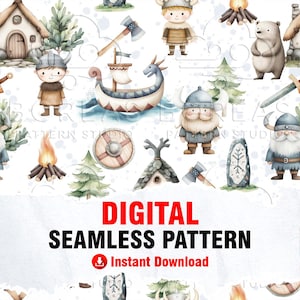 Könnte beinhalten: Ein digitales nahtloses Muster mit Aquarellillustrationen von Wikingerfiguren, Langschiffen, Holzhütten, Tannenbäumen, Lagerfeuern, Äxten, Schilden, einem Bären und Runensteinen auf weißem Hintergrund mit dem Text DIGITAL SEAMLESS PATTERN.