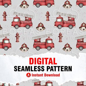May include: A digital seamless pattern featuring repeating illustrations of red fire trucks with ladders, brown fire hydrants, and dog faces wearing red firefighter helmets on a light gray background with the text DIGITAL SEAMLESS PATTERN.