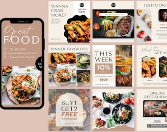 May include: A collage of nine images promoting a restaurant. The images feature various food items, including burgers, fries, and salads. The text on the images includes "Great Food", "Wanna Grab More?", "Dinner Favorites", "This Week 10% Off", "Which Fries Are You?", "Buy 1 Get 2 Free", and "Online Restaurant".