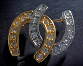 Joan Rivers Lucky Horseshoe Brooch Gold and Silver with cubic zirconias