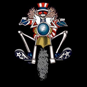 May include: A skeleton wearing a red, white, and blue hat and outfit rides a motorcycle with a large, blue, lightning bolt-shaped logo on the front.