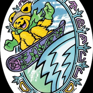 May include: A yellow bear wearing a green scarf and a sparkly hat is snowboarding down a mountain. The bear is riding a purple snowboard with a pink rose and green vines. The background is a blue sky with white clouds. The image is surrounded by a blue and purple border with the words "Grateful Dead" in a snowflake design.