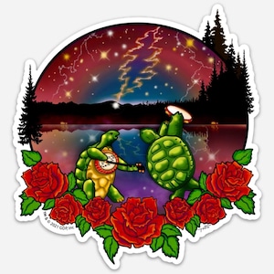 May include: Two green turtles playing music under a starry night sky with lightning bolts. The turtles are surrounded by red roses and green leaves. The text "TM & © 2021 GDP, Inc." is at the bottom of the image.