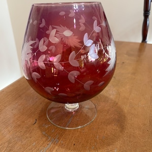 Vintage Cranberry Floral Etched Large Pedestal Vase