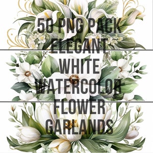 Ethereal Elegance: White Watercolor Flower Garlands Clip Art - 50 PNG Pack, Creative and Commercial Use